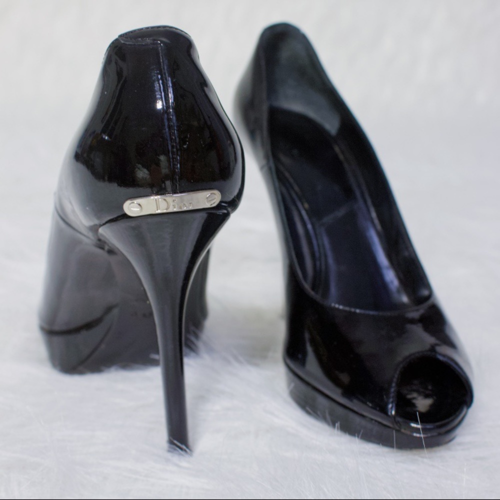 CHRISTIAN DIOR BLACK SILVER OPEN TOE HIGH HEELS
